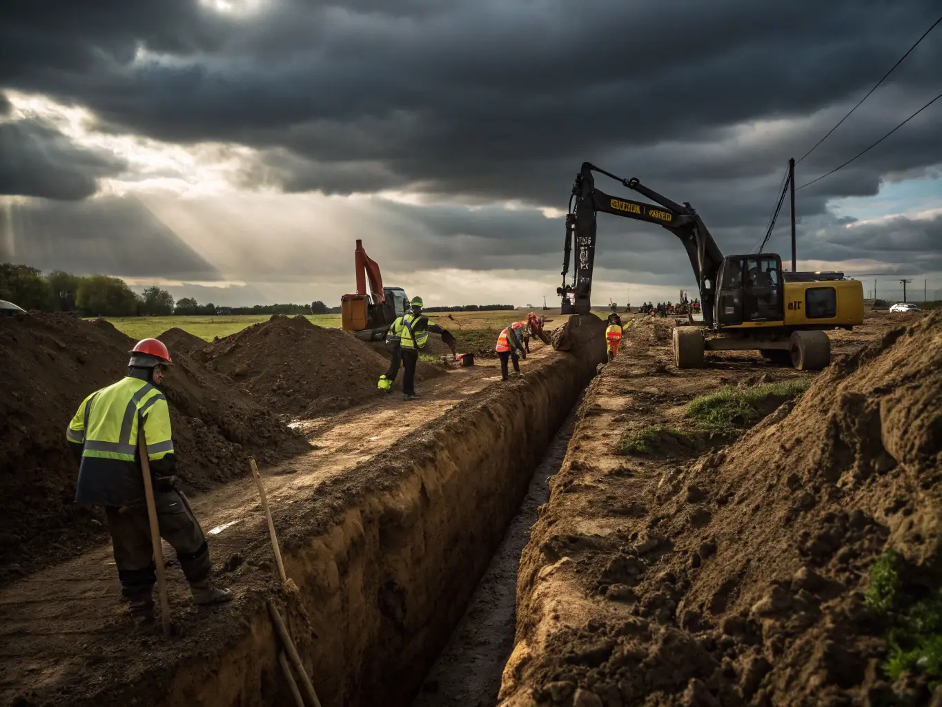 An image of a trench being dug for water lines, with Trust Drilling Inc.'s equipment and team working diligently.