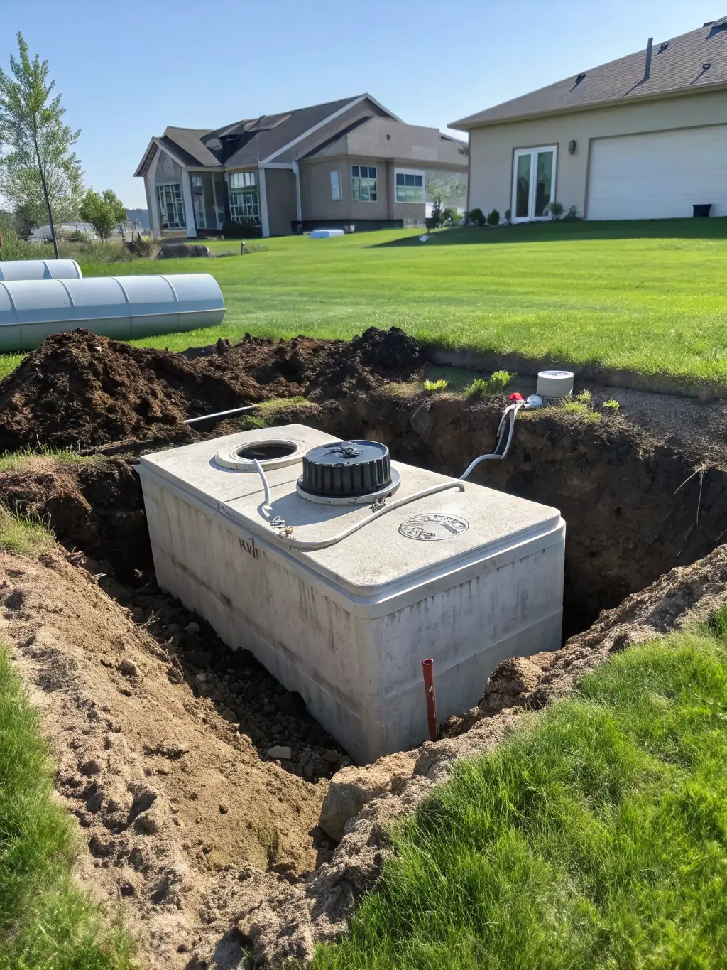 A high-resolution photograph depicting the installation of a septic system on a residential property in Newfoundland, showcasing the excavation process and the equipment used by Trust Drilling Inc.