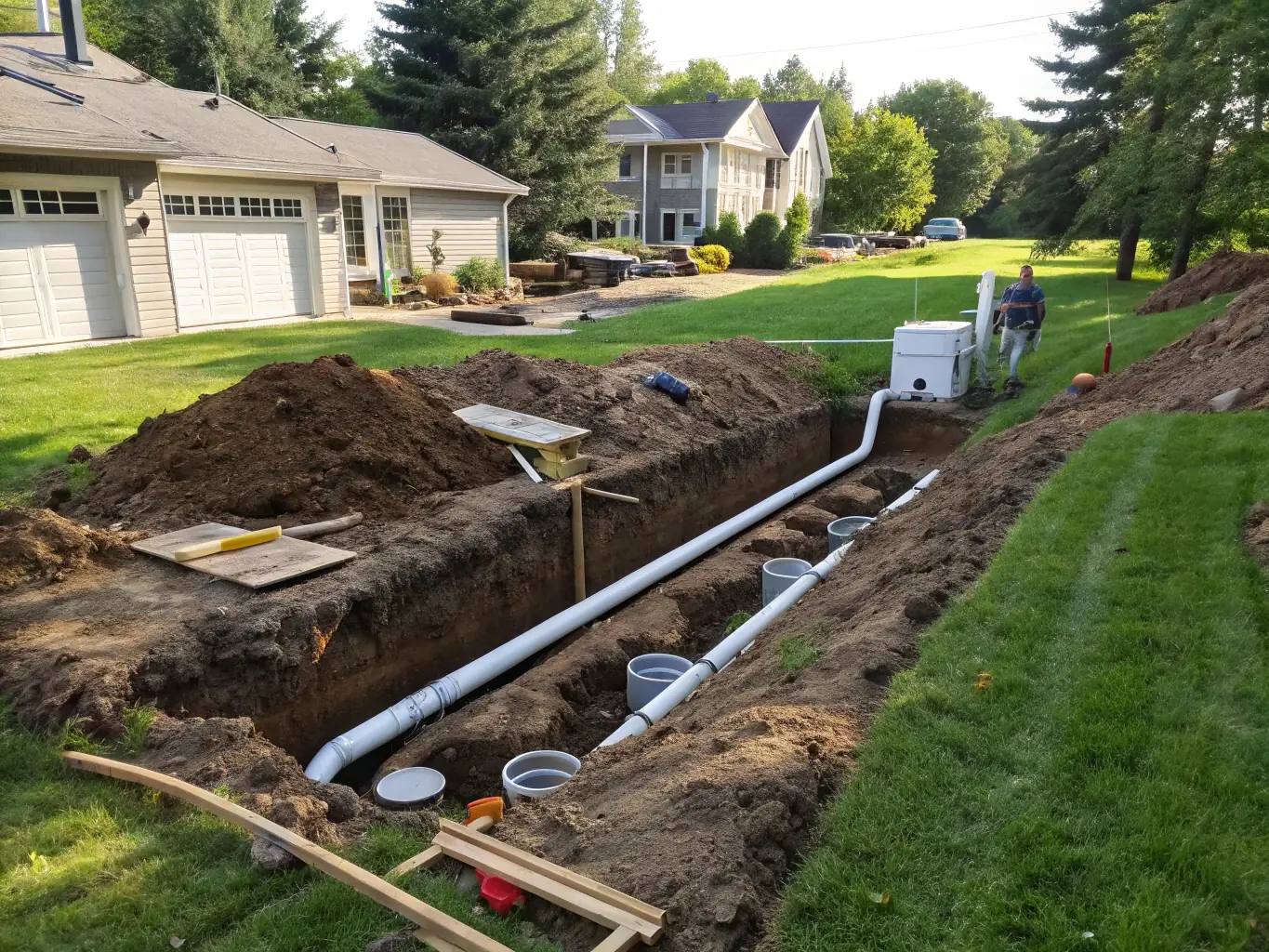 A high-angle shot of a newly installed septic system in a residential backyard, showcasing the clean and efficient work of Trust Drilling Inc.
