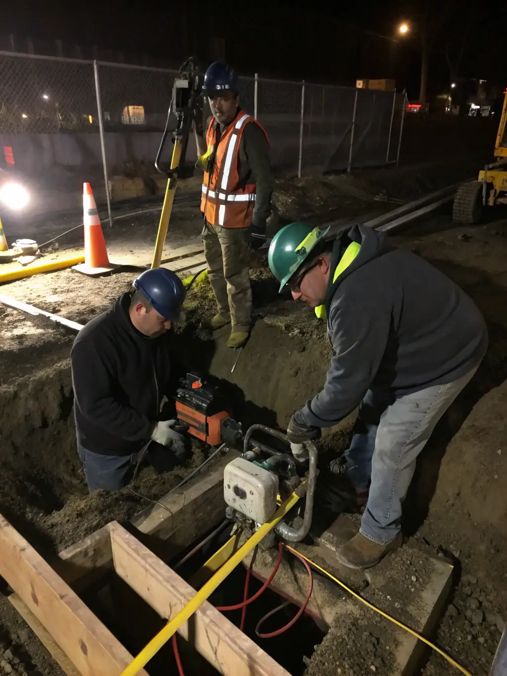 A detailed image of Trust Drilling Inc. team members carefully laying water lines in a trench, emphasizing the precision and care taken during water line installation.